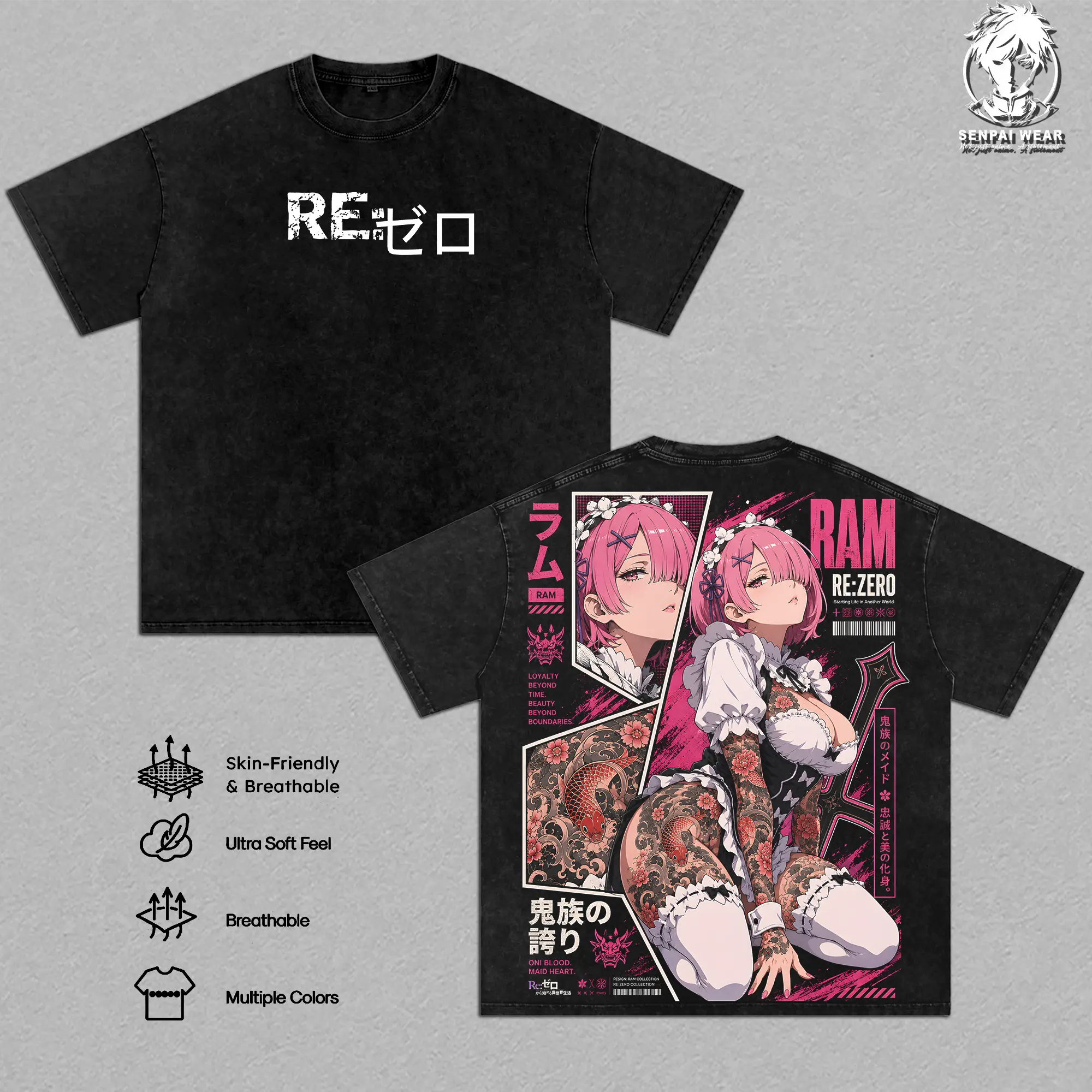 Ram Re:Zero Graphic Tee Vintage Washed Shirt Unisex Streetwear Anime Merch Wind Magic Tee Oni Maid T-Shirt Gift for Anime Lovers Re:Zero Fans