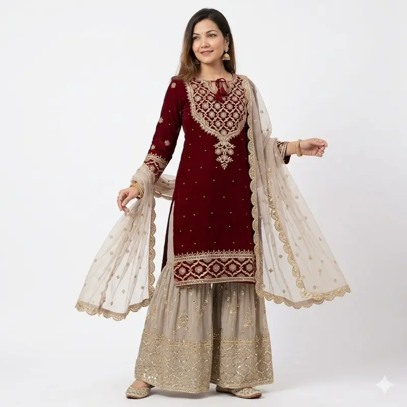 Women's Traditional Indian Gharara Suit - Cultural Festival Costumes, Special Occasion Clothes, Womenswear Outfit Set with Accessories