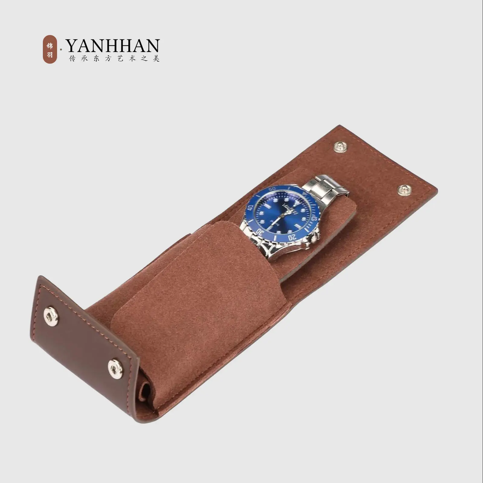YANHHAN Fashion Leather Anti-Slip Snap Travel Watch Case - 1-Piece Single Slot Unisex Pouch with Velvet Liner, Compact Watch Protector, Home Organizer for Travel/Office Use, Brown Gift