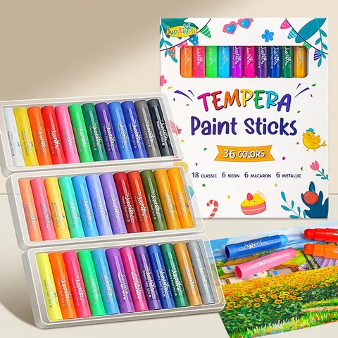 JUPITEARTH Tempera Paint Sticks Set (12/24/36 Colors) – Art Crafting Kit with 120 PDF Coloring Pages, 30 Stickers, Quick-Drying, Smooth, Non-Toxic Washable Crayons Drawing & Painting Supplies for Kids, Easter Gift Office Stationery