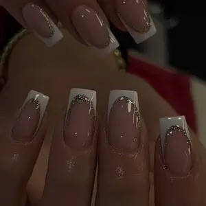 24pcs Long Square French Silver Glitter Acrylic Press-On Nails Set, Includes Jelly Glue and Nail File, Easy Wear, Perfect for Parties