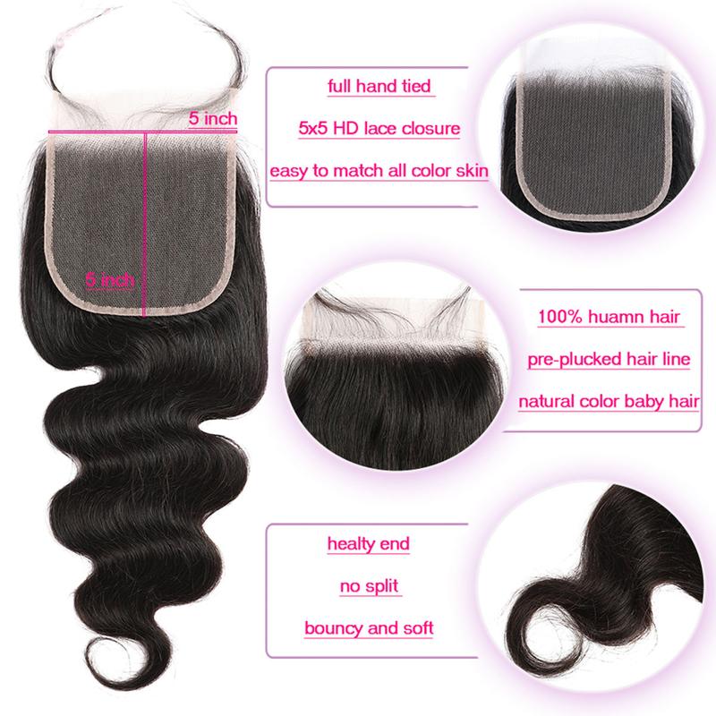 BELE HAIR 6x6 Lace Closure With Bundles For Quick Weave Hairstyle Body Wave Bundles With 5x5 Transaprent Lace Closure Brazilian Hair Bundles With Lace Closure Natural Black Color For Women  Unprocessed Weave Bundles Extension With Swiss Lace Closures