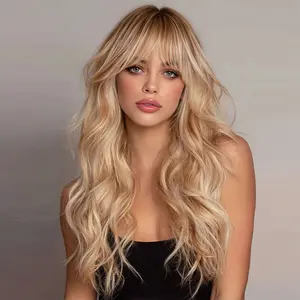 Linen Gold Wigs 24 Inch Wavy Wigs With Bangs Festival Wigs For Girls Cosplay Daily Party Use Halloween Hot