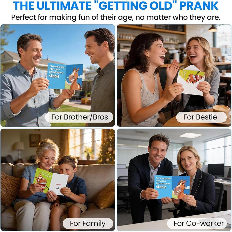 Funny SHAKING & MUSICAL Birthday Cards for Women Men, Hilarious Horse-Themed Pop Up Bday Card with Envelope & Note Card for Friends Coworkers, 5.9 x 7.9 Inches
