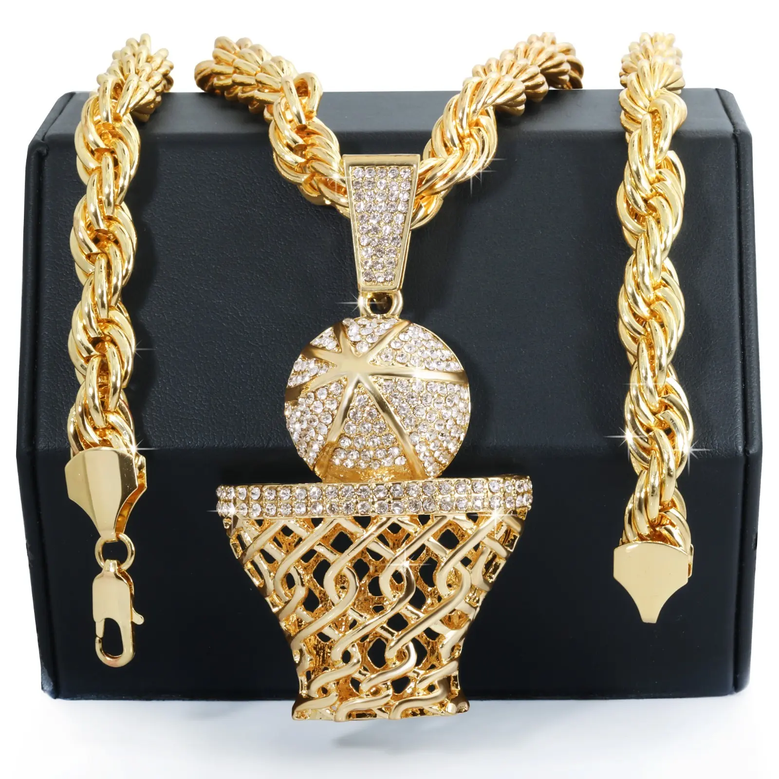 MaxBling81 Men's Hip Hop Chain Necklace, Large Basketball Hoop CZ Pendant, Gold/Silver Plated with 24-inch 8mm Rope Chain, Chain Jewelry Necklaces, Fashion Jewelry Trends