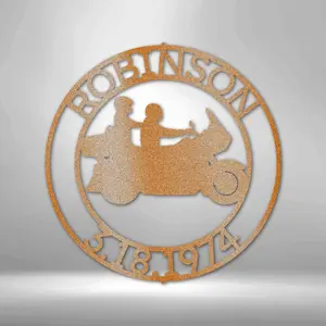 Motorcycle Rider Couples Monogram Metal Sign