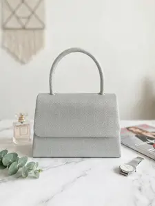 Elegant Silver Color Glitter Textured Top Handle Evening Handbag for Women, Ideal for Parties, Weddings, and Formal Events