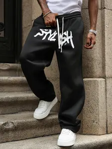 Men's Street Style Sweatpants Young Af Letter Print Loose Wide Leg Fleece Warm Fabric Casual Daily Hip Hop Fashion