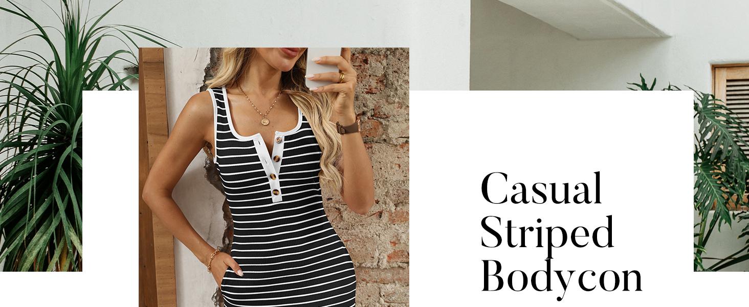 YORA Women's Square Neck Sleeveless Striped Henley Casual Basic Summer Tunic Bodycon Mini Dresses with Pockets