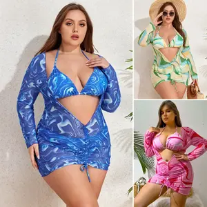 2025 New Sexy Long Sleeve Three-Piece Bikini Set Plus Size Women's Swimwear