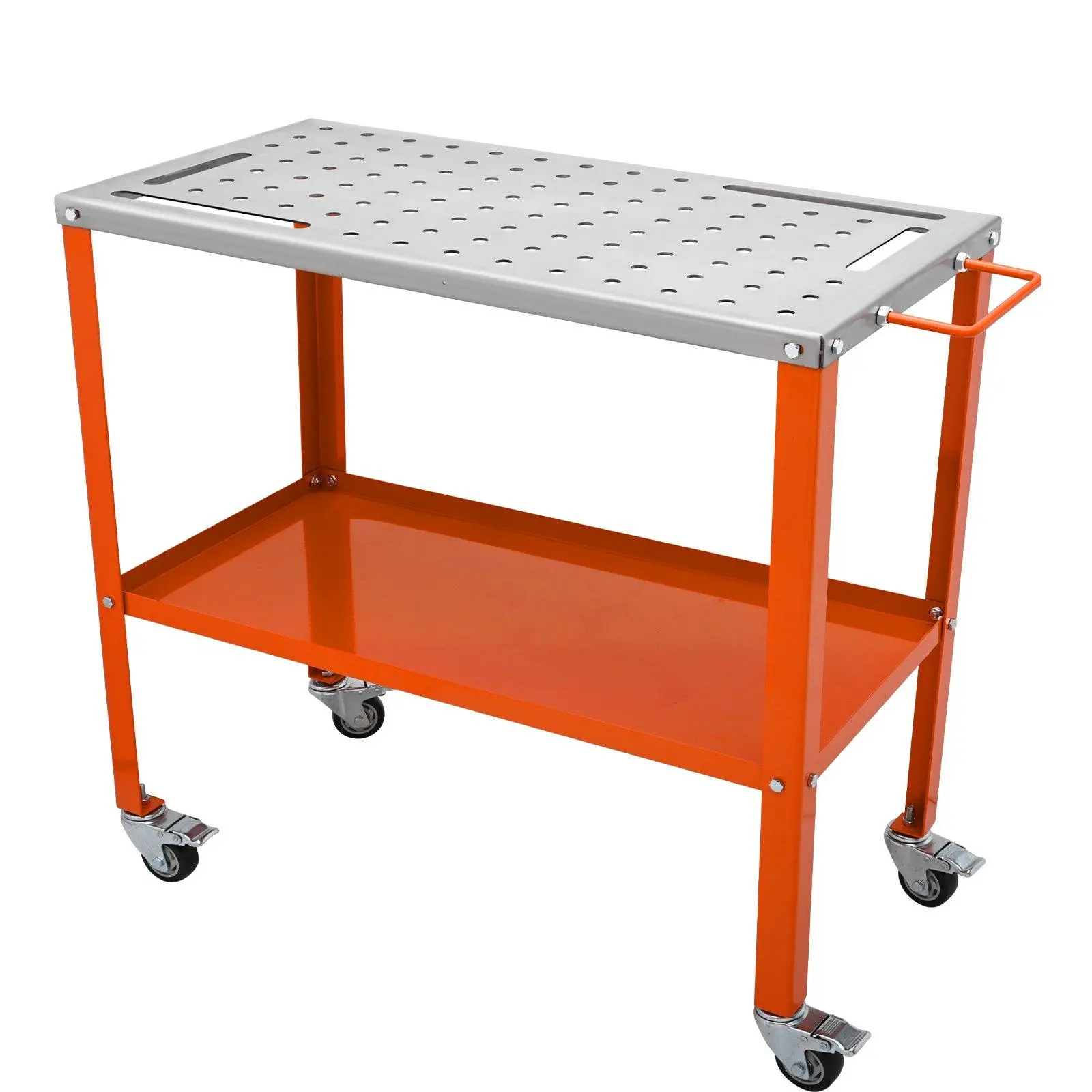 36" x 18" Welding Table, 1200LBS Heavy-Duty Steel Welding Workbench on Lockable Braking Casters, Portable Metal Work Bench with 5/8-Inch Fixture Holes, 4 Tool Slots & Detachable Tool Tray for Metal Welding & Workshop Repair