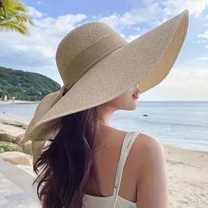 1pc Summer Outdoor Straw Hat for Women, Large Brim Beach Hat, Versatile Hat for Beach Outings, Fresh And Light Hat, Super Large Brim Beach Hat, Vacation Foldable Ribbon Bow Hat for Women, Foldable Outdoor Beach Hat for Women