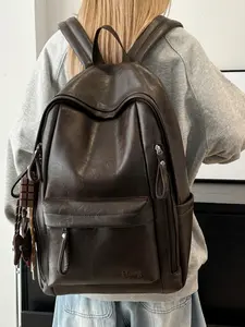 Simple Large Capacity Soft Leather Durable Backpack for Men, High School Students, Lightweight Travel Laptop Bag, Dual Shoulder Strap