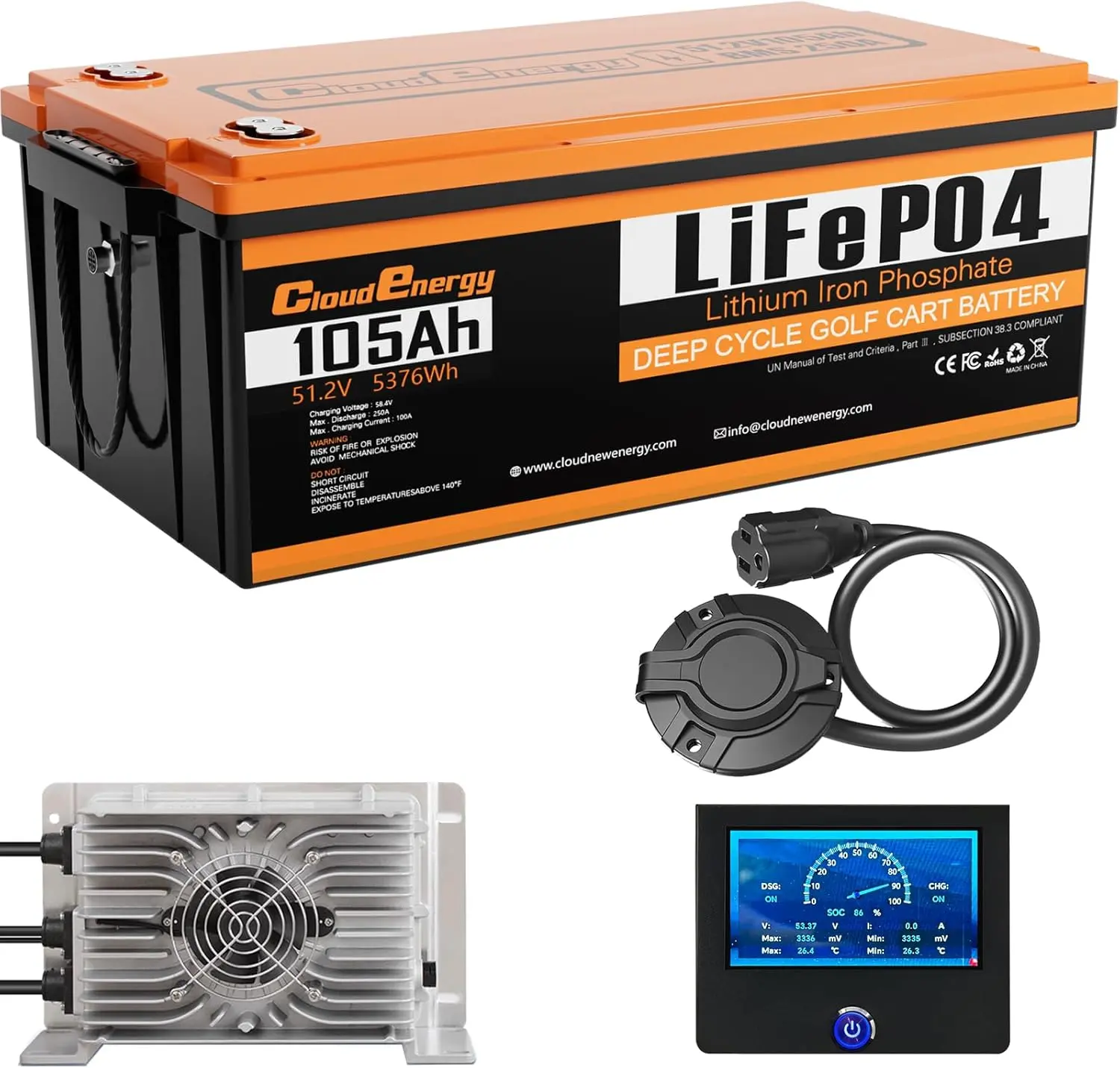 LiFePO4 Lithium Golf Cart Battery, 48V (51.2V) 105Ah, 250A BMS, Bluetooth App, Touchscreen Display, 20A Charger Included, 6000+ Cycles, Golf Cart Accessory for Sports & Outdoor Use