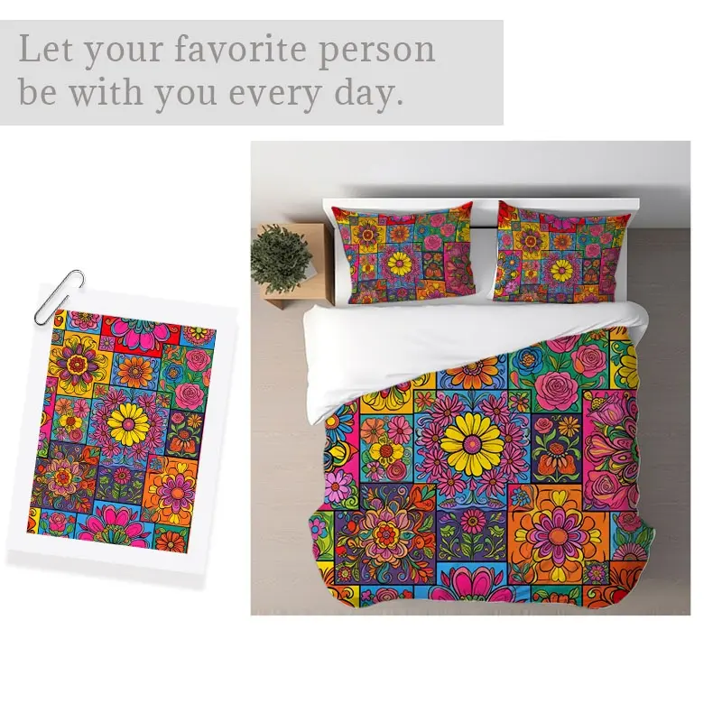 Bohemian Floral Patchwork Duvet Cover Set, Mixed Color Pattern, Multiple Specifications Available, Whimsical Artistic Design, Soft Comfortable Fabric, Suitable for Bedroom Decor, Vibrant Colorful Floral Tiles, Ideal for Adults’ Cozy Sleep Space