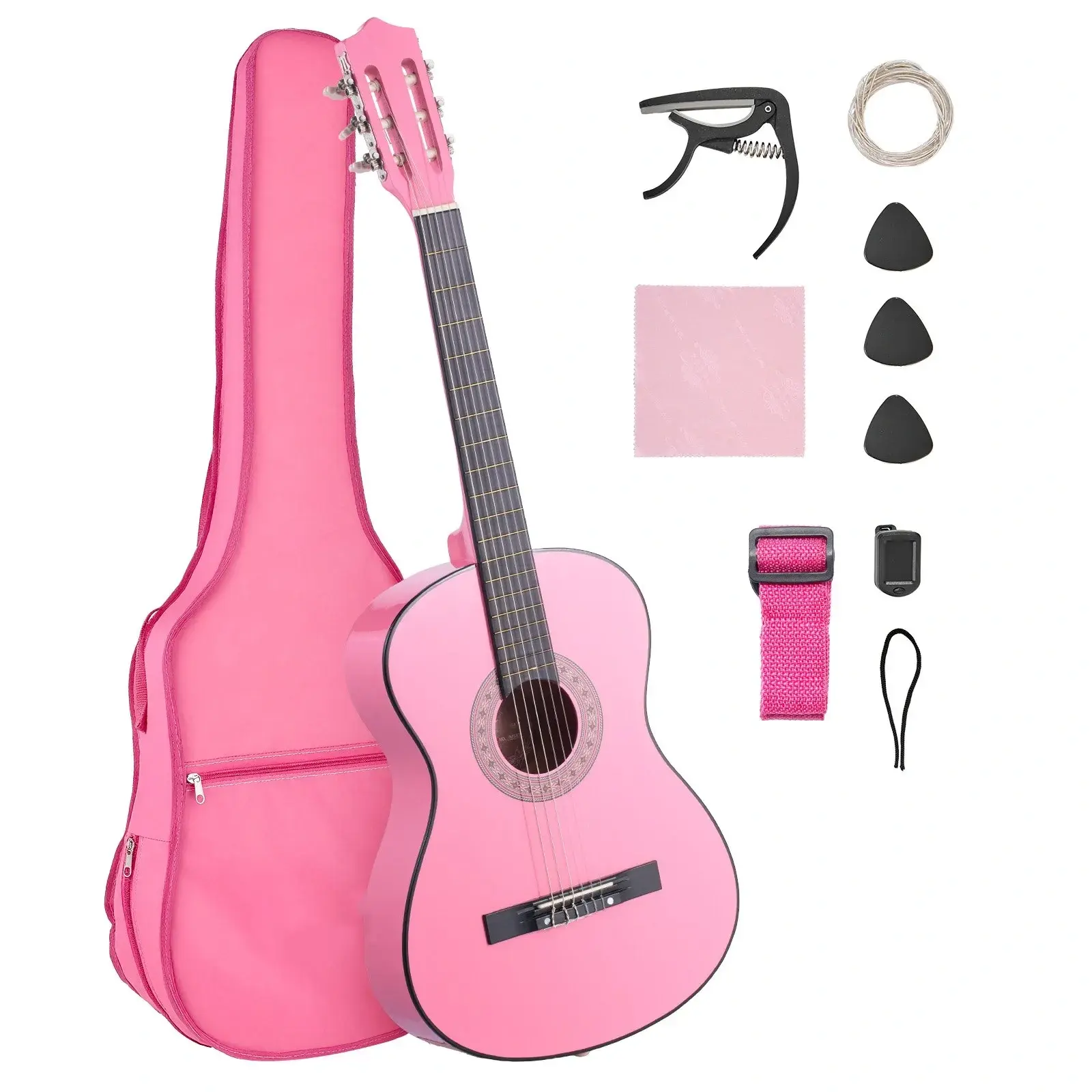 38 Inch Basswood Classical Guitar Starter Kit, Premium Wood Classical Guitar with Soft Nylon Strings, High-Precision Tuning Pegs, Complete Beginner Bundle with Gig Bag, Tuner, Strap, Extra Strings, Picks & Capo for Teenagers, Students & Adults