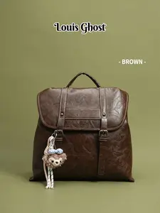 Retro leather backpack - Ladies' retro school style backpack! Classic flip cover backpack, with plush bear pendant and buckle details; Classic faux leather daily bag, suitable for school, commuting and traveling; Douyin bestseller fashion accessory; Light