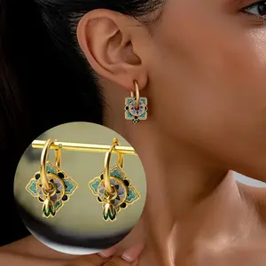 Women's Boho Enamel Flower Motif Hoop Earrings - Gold-Tone Moroccan Tile Dangle Jewelry for Women, Fashion Costume Accessories