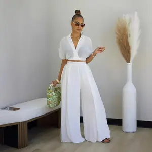 Women's Summer Turnover - collar Short Top High - Waisted Wide - Leg Pants Suit New Casual Vacation Trend!