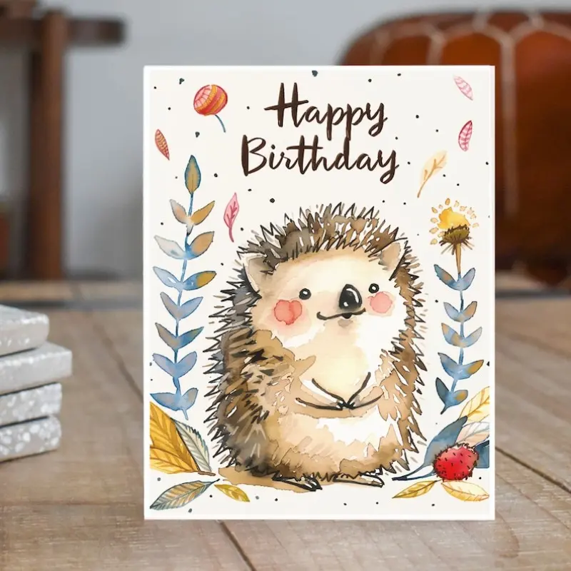 1PC Happy Birthday Hedgehog Card, Cute Animal Celebration, Watercolor Design, Party Invite, Whimsical Nature Theme, Unique Handmade Stationery