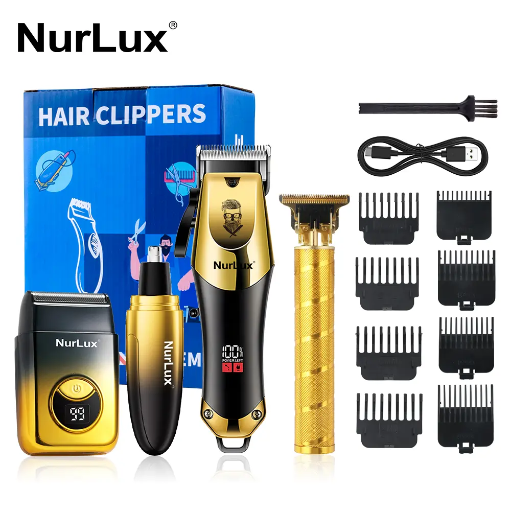 NurLux Professional 4-in-1 Men's Grooming Kit: Cordless Hair Clippers, T-Blade Trimmer, Electric Shaver & Nose Trimmer Set - All-in-One Barber Kit for Home & Travel Rechargeable USB