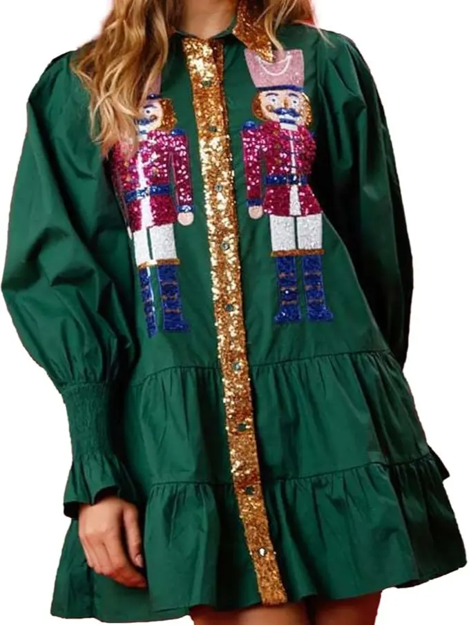 Womens Christmas Sequin Nutcracker Dress Long Sleeve Tiered Glitter Nutcracker Print Holiday Mini Shirt Dresses
