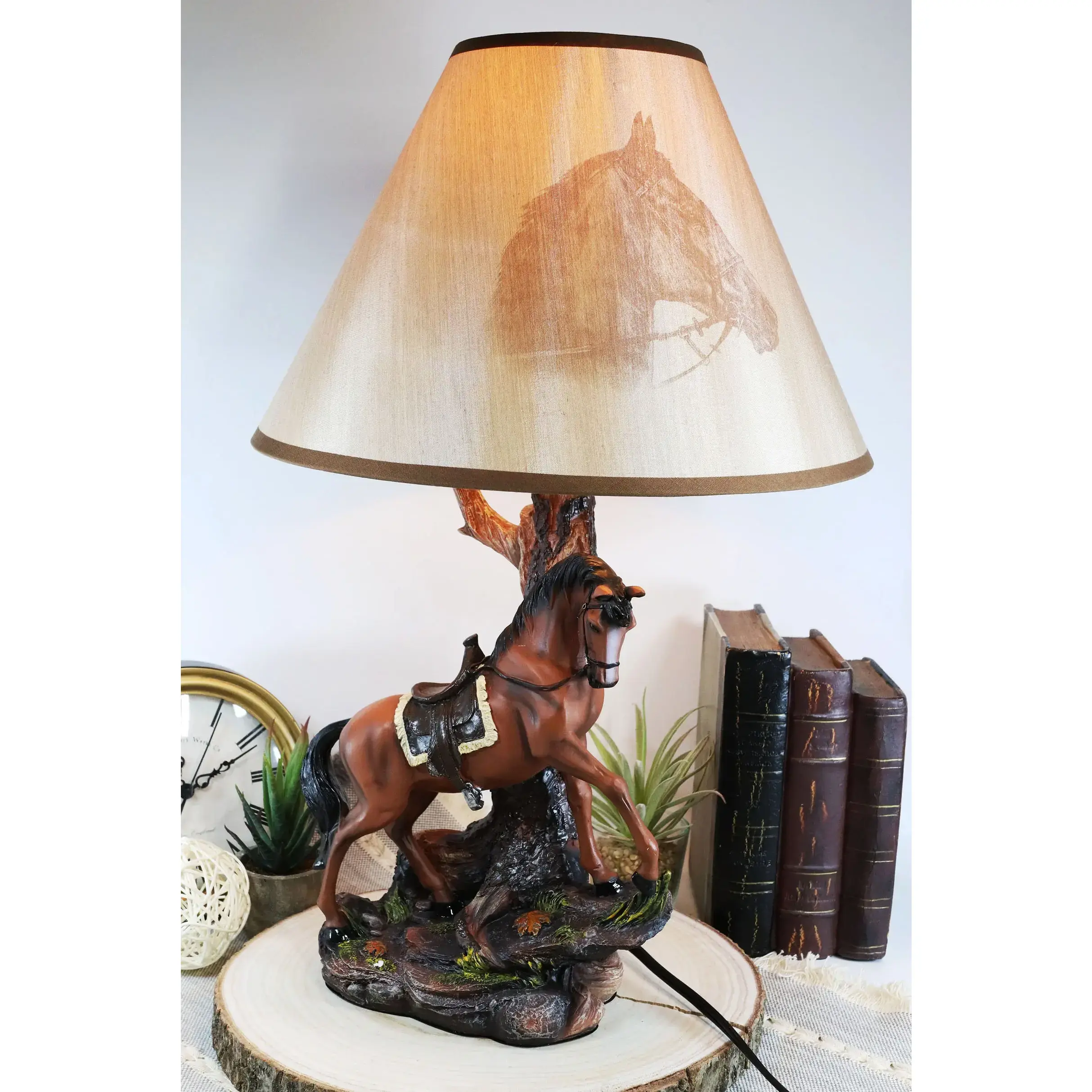 Ebros Type A Chestnut Brown Horse Stallion With Saddle Table Lamp, 12.5" Widest Diameter, 14" Body Height, With Shade - Home Decor Statue Figurine Home Supply