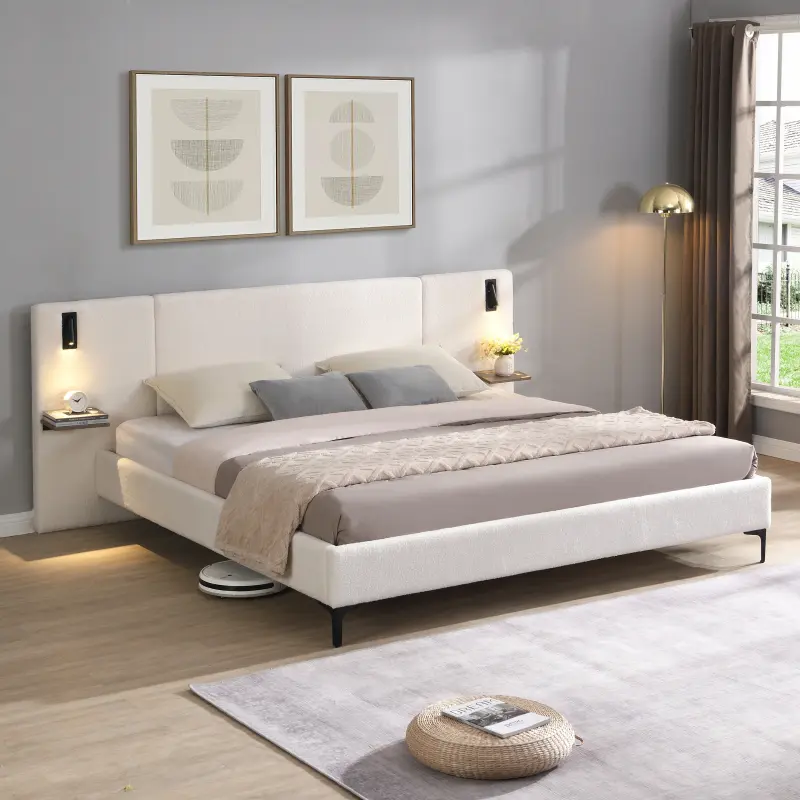King Size Upholstered Bed with Integrated Lights and Shelves, Chic Boucle Platform Bed Frame with Storage and Headboard, No Box Spring Needed