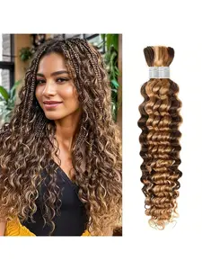 Human Braiding Hair Deep Wave Bulk Human Hair For Braiding Highlight 4/27 Honey Blonde No Weft Curly Braiding Hair Extensions For Boho Braids Wet And Wavy Braiding Human Hair Bundles