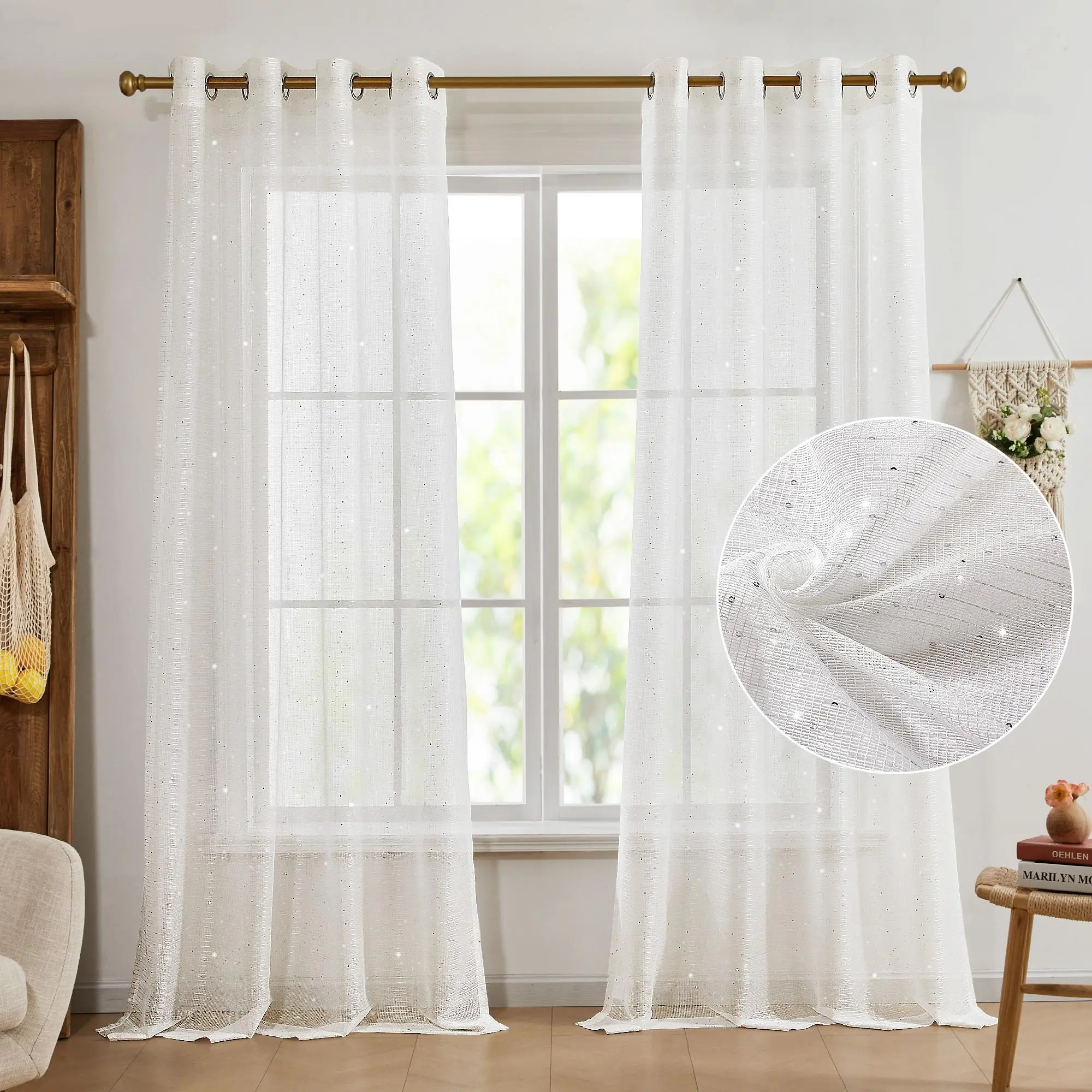 Deconovo Glam Sheer Curtains, White Sparkling Sequin-Detail Panel, Lightweight Airy Gauzy Voile Polyester, Grommet-Top Easy-Hanging Light Filtering Curtains for Home Decor