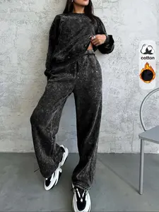 Cotton, women's vintage distressed plush round neck sweatshirt and plush trousers two-piece set, loose Fit casual long-sleeved top and elastic trousers, autumn and winter daily wear, plush suit, Pants