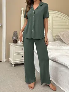 Women's Comfortable Cotton Pajamas, Solid Color Short Sleeve Open Front Top and Long Pants, Wearable at Home, Cozy Sleepwear Loungewear Set, Pjs