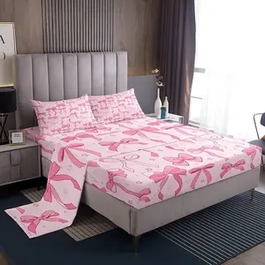Pink Bowknot Decoration Bed Sheets,Adults Watercolor Pink Bow Kawaii Bedding Set,Dreamy Princess Style Sheets Set