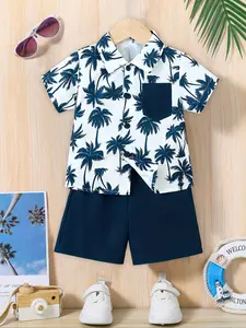 Baby Boys Summer Set, Toddler Outfit, Casual Vacation Style Button-Up Shirt & Solid Color Shorts, Breathable Fabric, Perfect Gift for 0-3 Years
