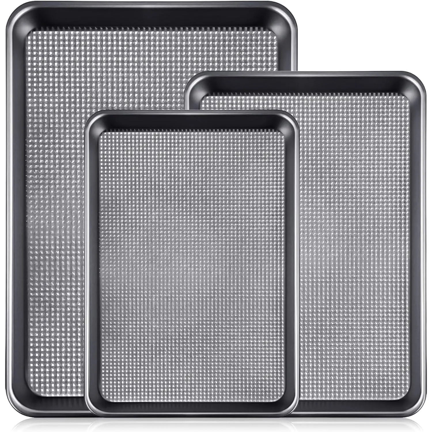 3-Piece Multi-Size Carbon Steel Baking Pan Set - Stackable Non-Stick Diamond-Texture Trays with Deep Edges, Teflon-Free Heavy Duty Bakeware for Oven, Ideal Kitchenware Gift