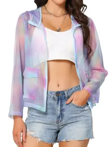 INSPIRE CHIC Mesh Sheer Jacket Women's Hooded Long Sleeve Zipper Lightweight Party Club Casual Going Out Outfit with Pockets