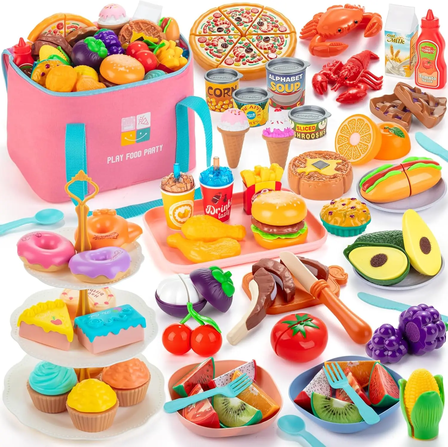 Pretend Play Food Set for Kids, Cutting Toy Food Kitchen Accessories with Storage Bag, Fruit, Dessert & Pizza Toys for Boys & Girls Ages 3-6