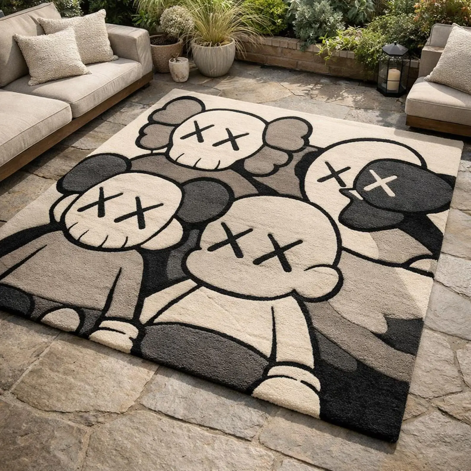 KAWS Inspired Hand Tufted Wool Rug, Modern Cartoon Area Rug, Black White Designer Carpet, Luxury Living Room Rug