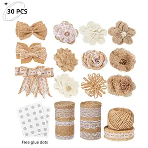 30PCS Vintage Burlap Flower Gift Wrapping Accessories - 18 Styles Handmade Jute Rose with Artificial Pearl Accents, Rustic Bohemian Style - Perfect for DIY Crafts/Wedding Decor/Home Farmhouse Decor/Mother's Day Gifts/Christmas Party Table Centerpieces