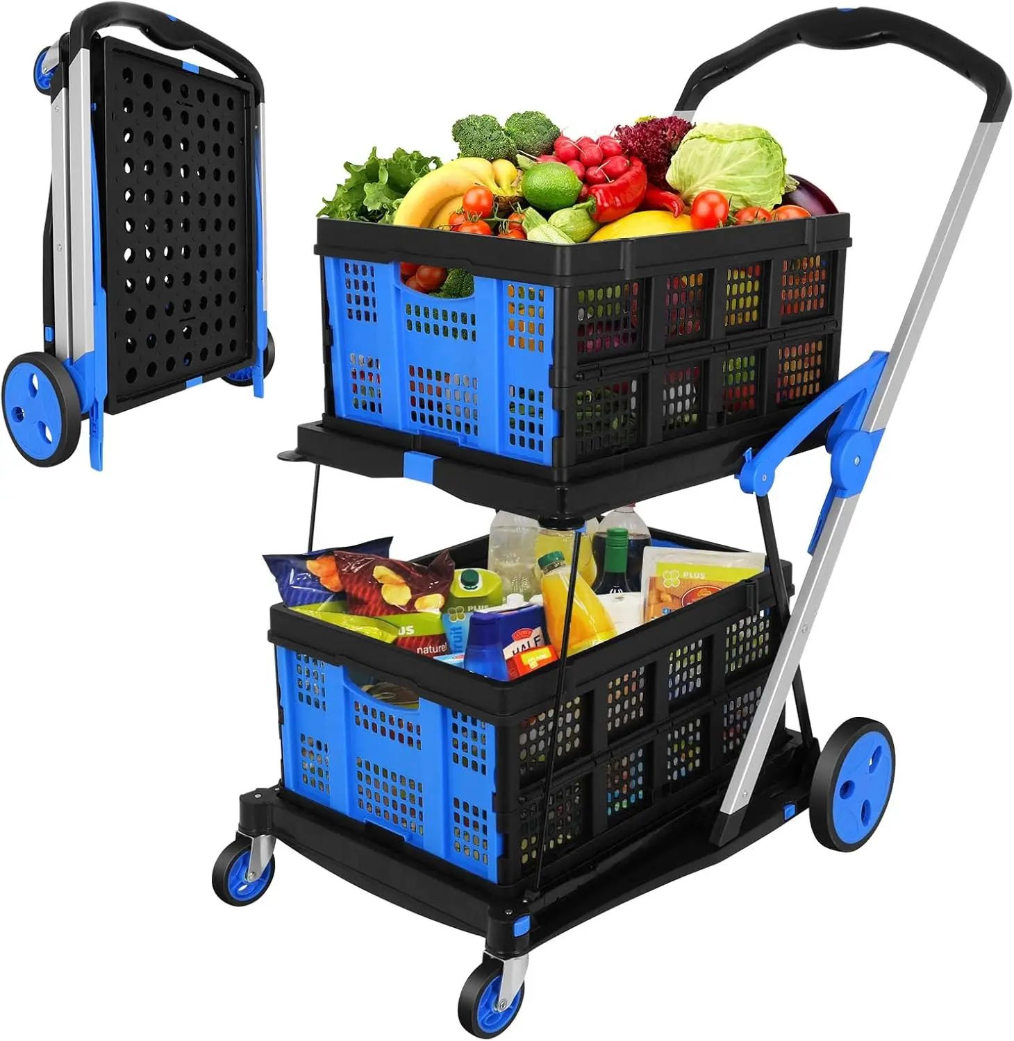 Rengue Multifunctional Folding Cart with Wheels,Two Layers Collapsible Utility Cart for Groceries,Office,Warehouse,Supermarket, Double Layer Foldable