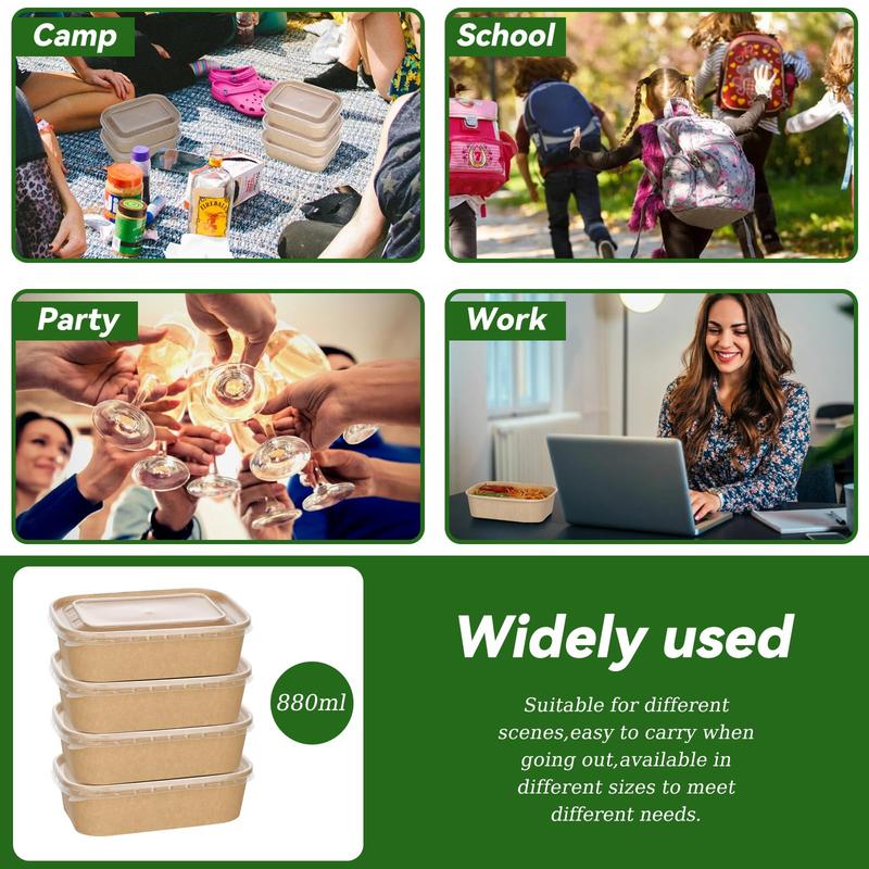 50Pack Disposable Kraft Paper Bowls with Lids and Forks,35oz Square/36oz Round,Meal Prep Containers Disposable Large Paper Bowls, Leakproof Food Containers Treat Soup Serving Bowl, Microwave Safe for Hot/Cold Food Clamshell Takeout Tray Compostable Arc Cu