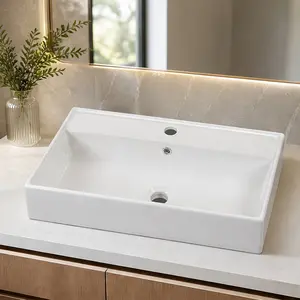 ARCH 21.6 Inch Rectangular Ceramic Vessel Bathroom Sink, Glossy White Modern Above Counter Basin, Easy Clean Non-Porous Glaze, Durable High Density Construction, for Bathroom Vanity Hotel Remodel, Single Sink Only, Ceramic/Metal & Wood/Wood Material