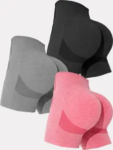 Sporty Women's Plain High Waist Sports Skinny Jacquard Knits Gym Shorts, 1/3/6 Piece Set Tight-Fitting High Stretch Seamless Breathable Comfy Shorts, Ladies Sportswear Clothing for Gym Workout Running Yoga