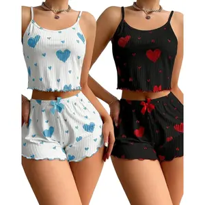 2pcs Mix Random Women's Fashion Soft Ribbed Camisole Pajama Set Stretchy Polyester Blend Material For Home Pajamas Party