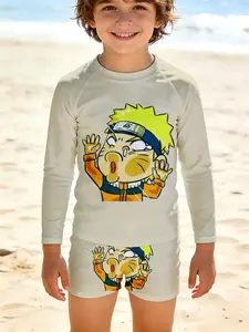 Spring and Summer Collection Boys' Leica Shorts + Long Sleeve Swimsuit Set two-piece sun protection Naruto Character With Spiky Hair And Headband Quick-drying, breathable, skin-friendly, and soft Beach vacation leisure versatile children's separate