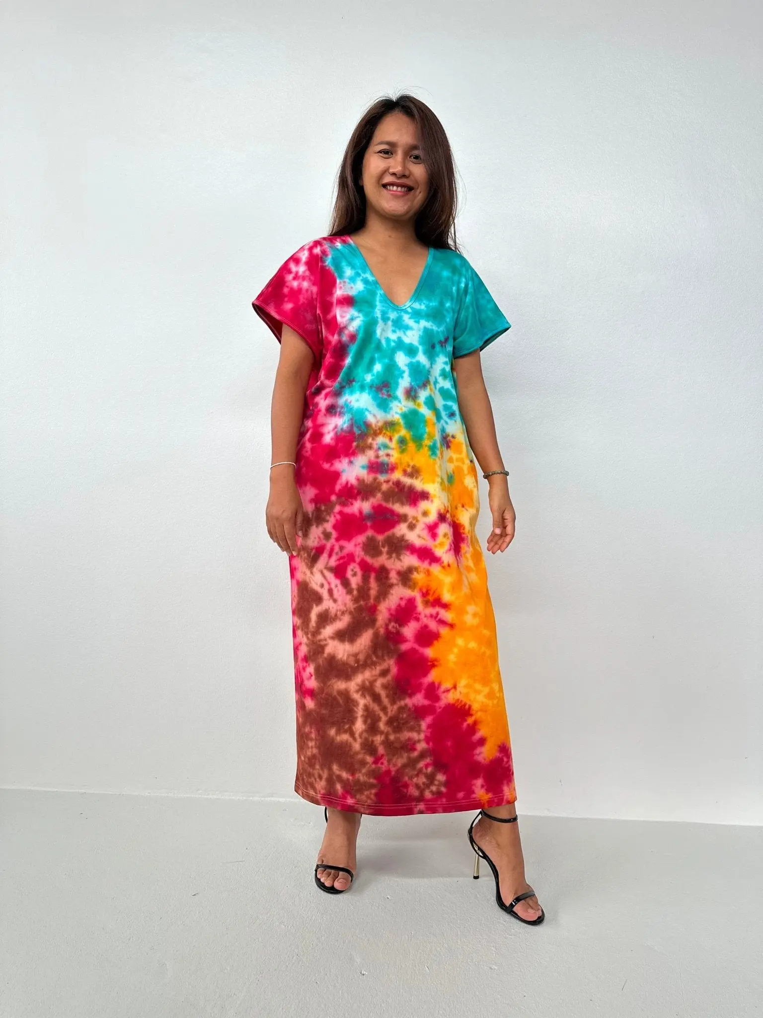 Petite Statement Kaftan Dress in Casual Tie Dye Jersey Cotton, Fuchsia & Turquoise Rainbow Hues with Belt, 50" Length, Available In A 50" Length, Women, Precise Neckline/Hem Placement