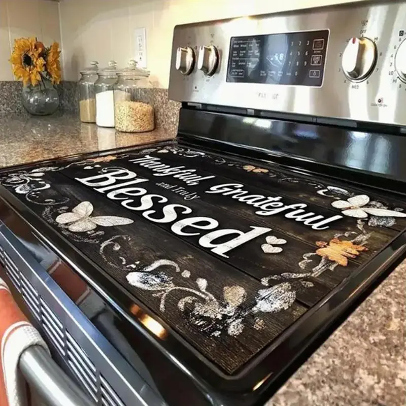Stove Top Cover for Electric Stove (28.3”x 20.5”), Kitchen Heat Resistant Glass Cooktop Cover, Multipurpose Stove/Counter/Washer Top Protector, Dishwasher Safe Natural Rubber (Thankful)