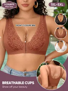 [3 Pack] Women's Plus Size Bras, 1XL-5XL, Full Coverage Front Buckle, Push-Up No Pressure, U-Shape Back, Soft Breathable Lace Trim, Underwear