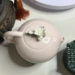 Pure hand-made flower-pinched mutton-fat jade porcelain teapot single pot for brewing tea Japanese Kung Fu tea set pink white porcelain Xishi pot for home use Teacup