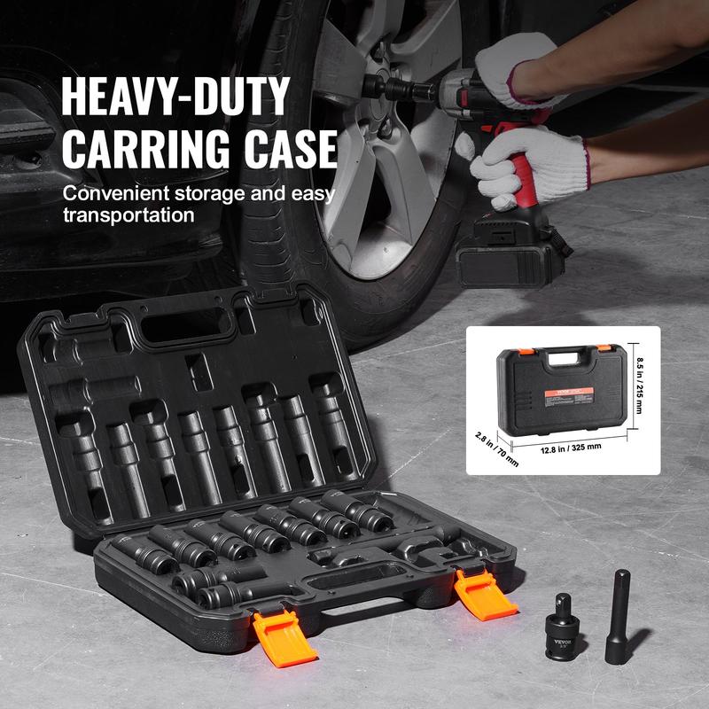 VEVOR 360 Degree Swivel 3/8'' Drive Impact Sockets Set,  , 14pcs CR-MO Metric Deep (10-19 mm), 6-Point Drive Socket Set Tool Case with 2 Extension Bars (3", 6"), 1/4" - 3/8" Adapter and a Universal Joint